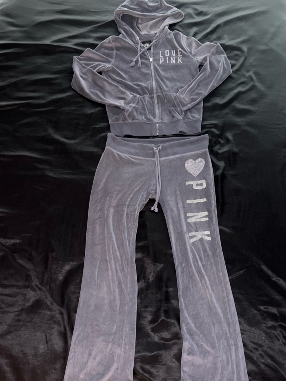 Victoria's Secret PINK Y2K MCBLING Grey Velour Hoodie & Pants Tracksuit